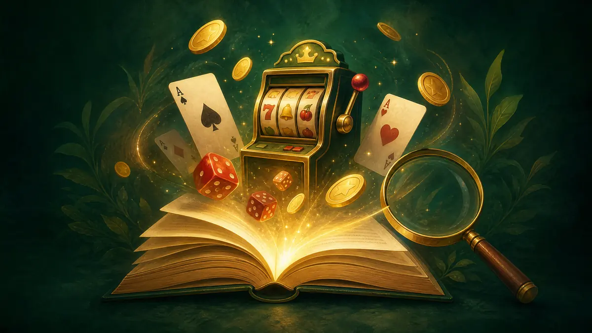 Ilustrasi buku panduan bercahaya dengan elemen kasino melayang di atasnya