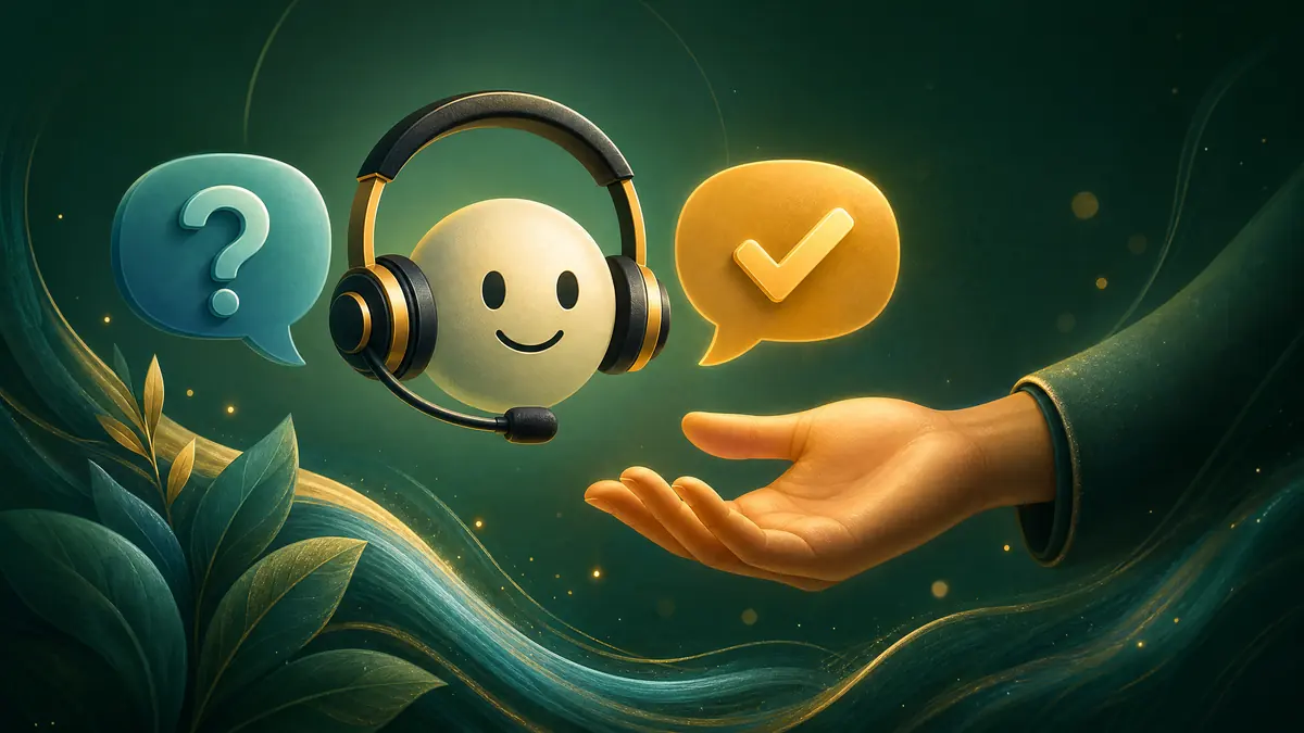 Ilustrasi headset layanan pelanggan dengan gelembung tanya dan tanda centang