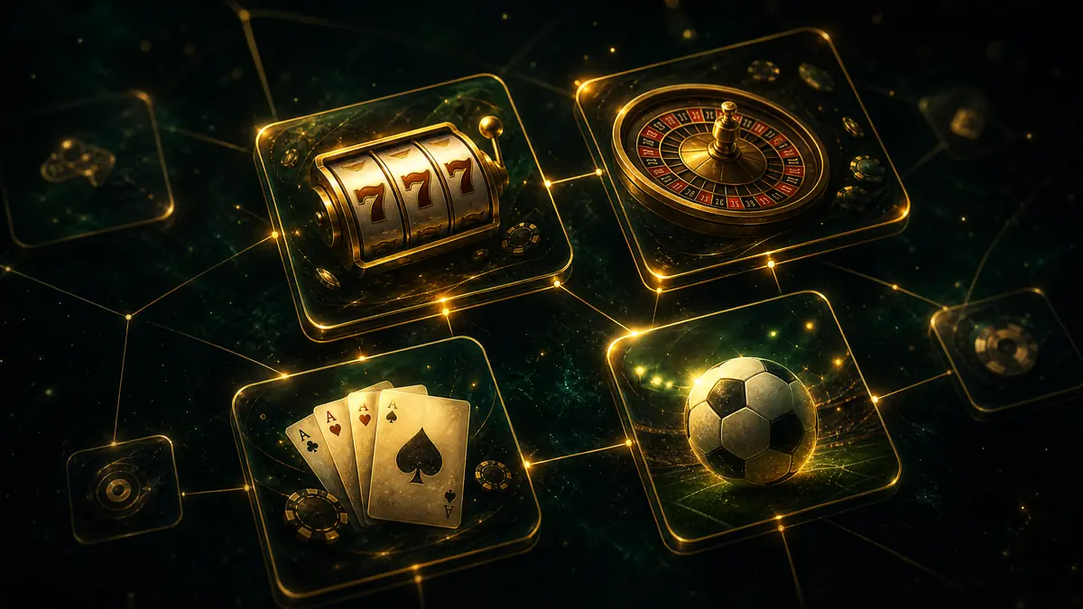 Ilustrasi grid ubin permainan bercahaya: slot, roulette, kartu poker, dan bola