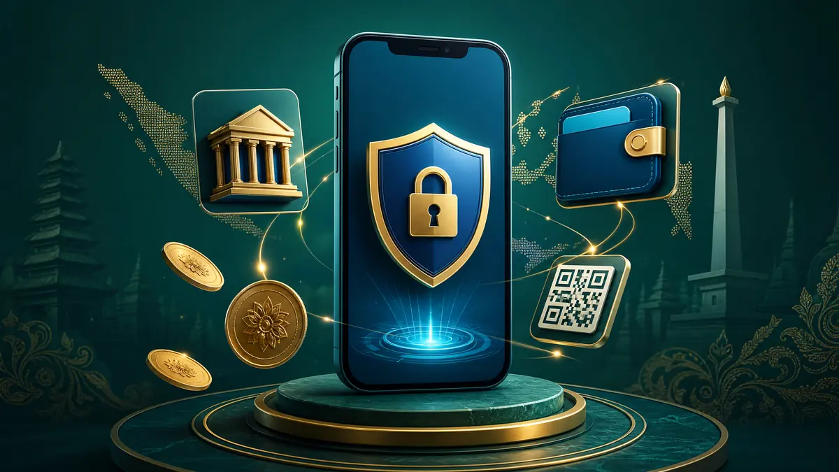 Ilustrasi ponsel dengan ikon perisai, dikelilingi simbol bank, dompet digital, dan kode QR