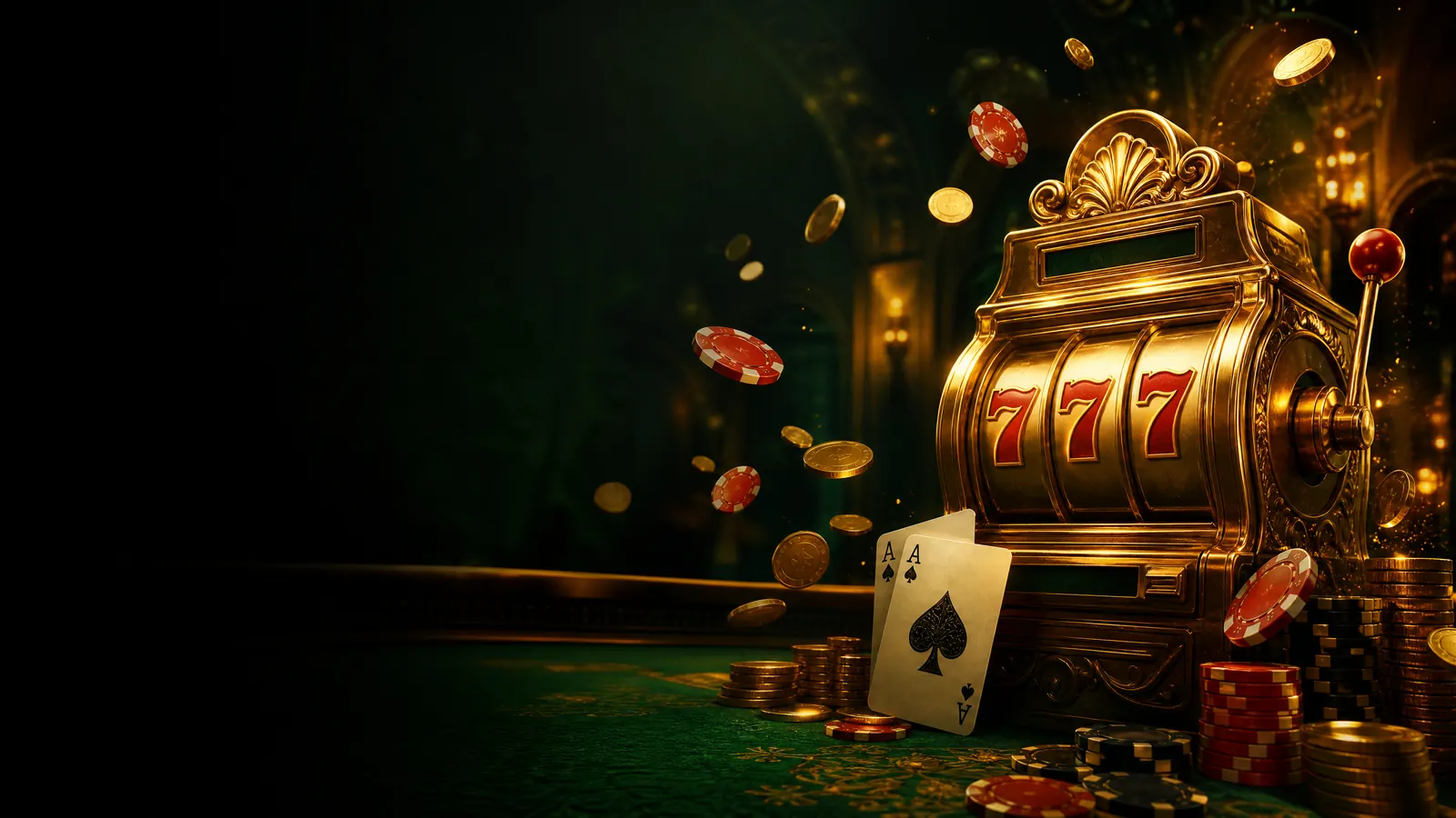 Suasana lobi permainan kasino online dengan mesin slot emas dan koin berhamburan
